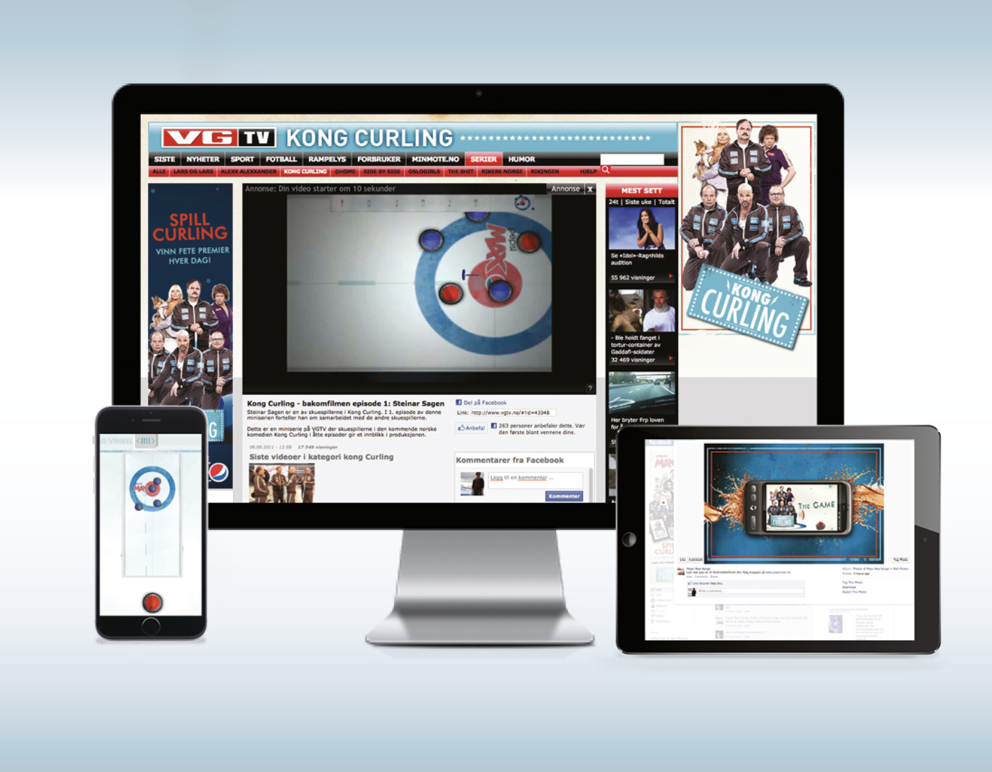 Foto av løsningene på nett, telefon og iPad til kampanjen for Pepsi Max med Kong Curling.
